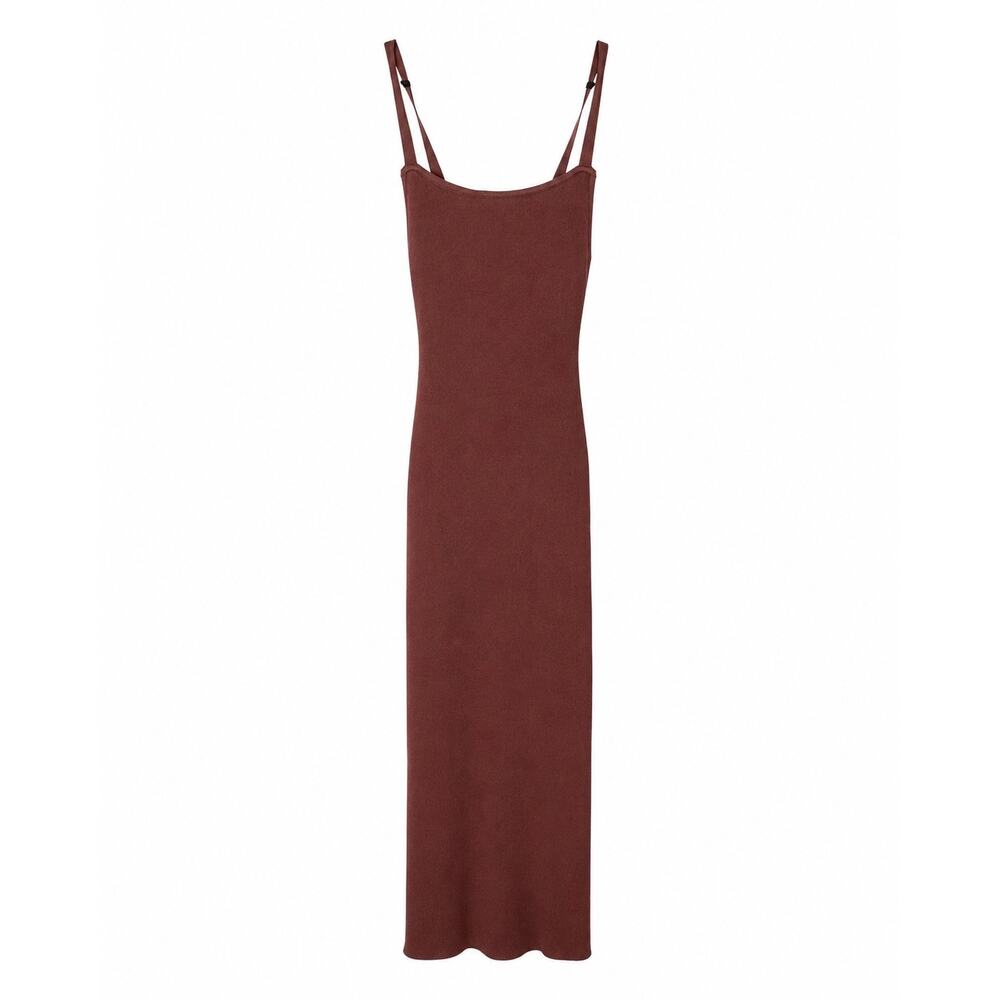 Zara Chocolate Brown Ribbed Knit Midi Dress Womens Medium Open‎ Back Bodycon Y2K